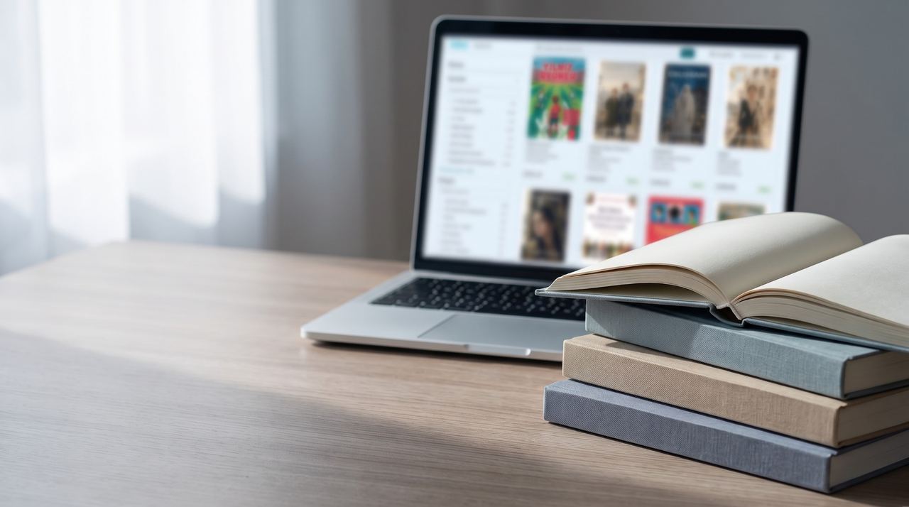 Books stacked on a desk next to a laptop showing the catalogue list