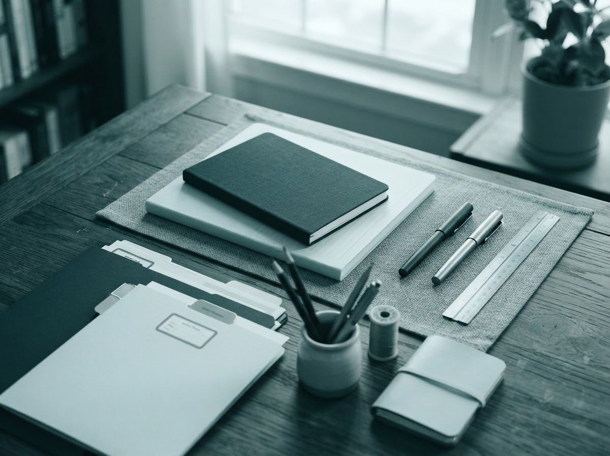 A notebook, pen and ruler on a desk